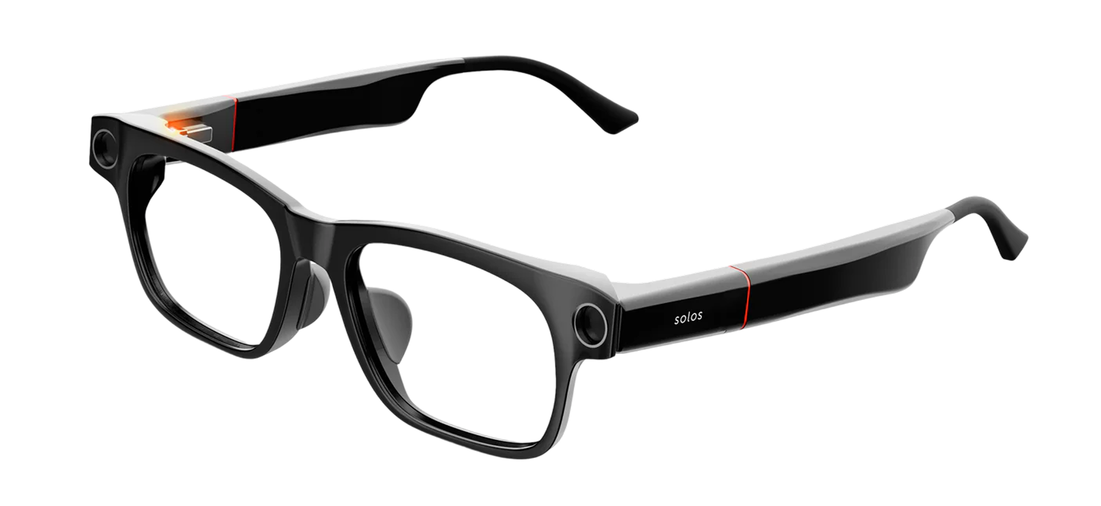 A pair of black EchoVision Solo glasses, with the 'solos' logo on the arm