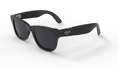 A pair of AGiGA glasses with black lenses, with the AGiGA logo on the arm